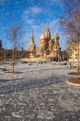 Winter city landscape with snow cathedral on Red Square