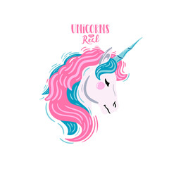White unicorn with pink hair. Unicorns are real. Vector illustration. 
