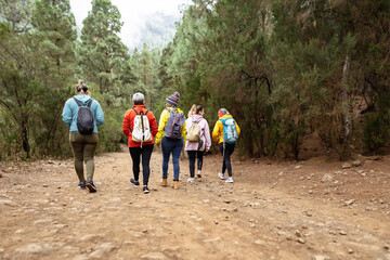 Group of women having fun walking in the woods - Adventure and travel people concept