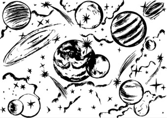 Cosmic landscape with planets, stars, meteorites, comets
