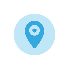 Blue map pin icon with heart. Favourite place or location button.