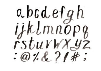 handwritten alphabet in black ink by hand, alphabet for design and lettering.