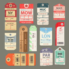 Set of beautiful vintage luggage tag, vintage retro travel label.