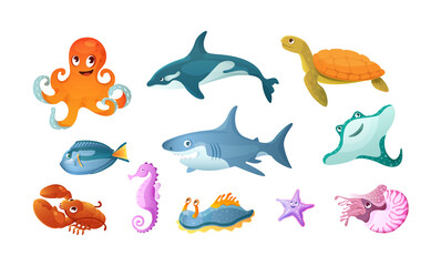 Sea animals set. Nautical undersea shellfish, fish, mammals. Childish dolphin, shark, octopus