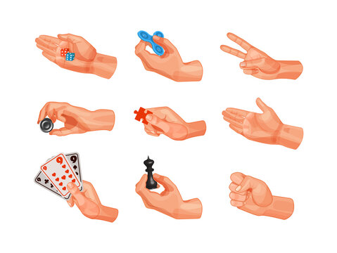 Human hands playing different board games set. Arms holding cubes, spinner, puzzle jigsaw