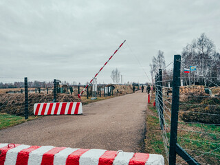 Road checkpoint. Peacekeeping Force Post. Blocking the road with concrete blocks. Barrier, checking documents. 