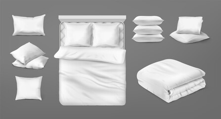 2110.m01.i020.n003.S.c20.754567687 Realistic bedding set. White blank mockup of square and rectangular bed cushion blanket sheets mattress, hotel bedroom elements mockup. Vector set