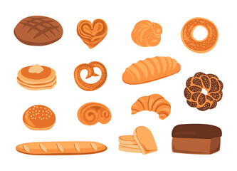 Baked bread. Cartoon wheat organic food, pretzel, loaf, croissant , pancakes, cinnamon roll, French baguette, poppy seed roll bakery. Vector set