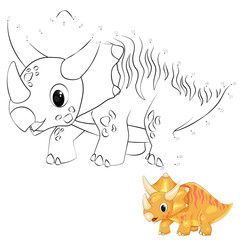 Point-to-point game. Draw a line. Triceratops. For kids. Worksheet. Coloring book. Cartoon character.	