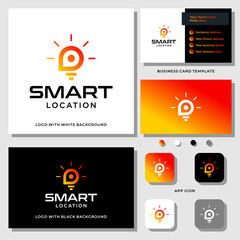 Location icon and lighting bulb logo design with business card template.