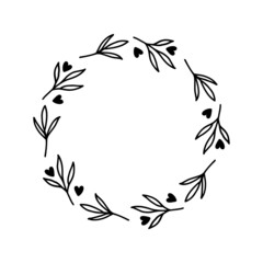 Fototapeta na wymiar Hand-drawn wreath with hearts. Black plant doodle wreath.