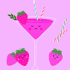 Vector clipart with pink cocktail and strawberries