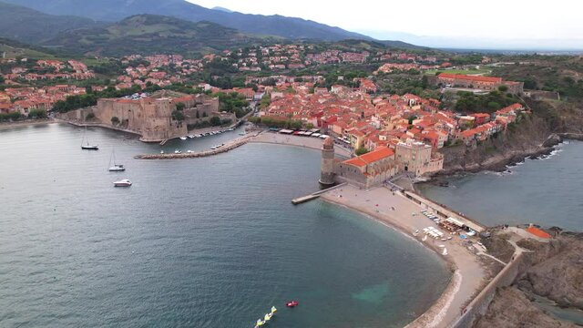 Aerial shot of the old Collioure village and port in  Mediterranean sea, south of France
