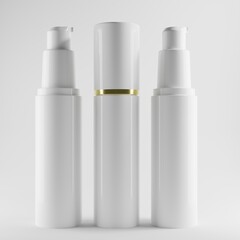three white cosmetic bottles a front view on white background 3d render