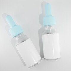 two glass dropper bottles with blank label and blue light cap a top view