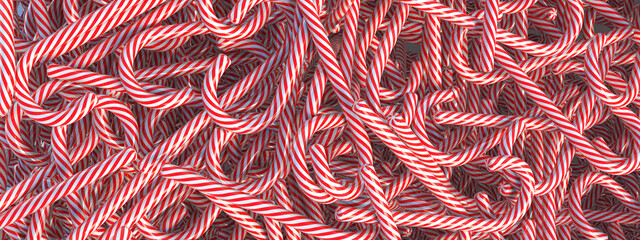 Candy canes background, Christmas traditional red white striped candies. 3d illustration