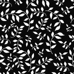 White branches with leaves on a black background. Vector seamless pattern with white branches.