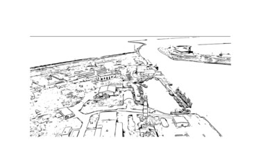 Building view with landmark of Liepaja is the 
city in Latvia. Hand drawn sketch illustration in vector.
