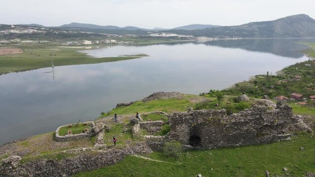 Aerial view of Ruins of ancient Vishegrad Fortress on the southern coast of Studen Kladenets reservoir near town of Kardzhali, Bulgaria