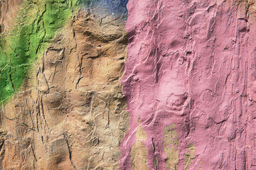 Old colored bright wall with peeling plaster, grunge background