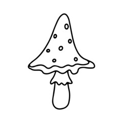 Little Mushroom simple cute vector doodle autumn illustration in cartoon style, one line, black color isolated on white background, single hand drawn element for design. Fly agaric