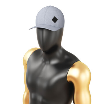 Black, plastic mannequin, golden hands, gray cap on the head, black label for mockup. White isolated background. 3D rendering.
