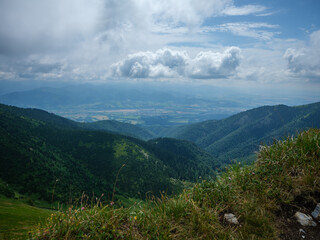 Naklejka premium misty green mountain cores in summer covered with grass