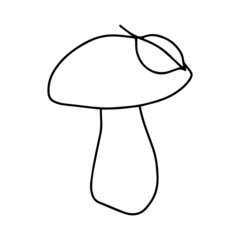 Little Mushroom with fallen leaf simple cute vector doodle autumn illustration in cartoon style, one line, black color isolated on white background, element for design.