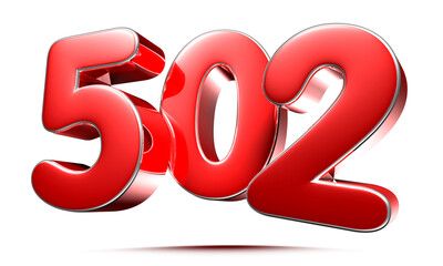 Rounded red numbers 502 on white background 3D illustration with clipping path