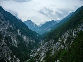 Misty alpine mountain view panorama in Slovenia