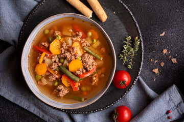 Hot soup with vegetables and meat, comfort food