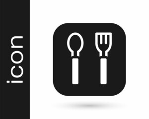 Black Fork and spoon icon isolated on white background. Cooking utensil. Cutlery sign. Vector