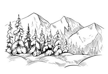 Winter landscape. Snow, fir tree, mountains. Line art illustration isolated on white background