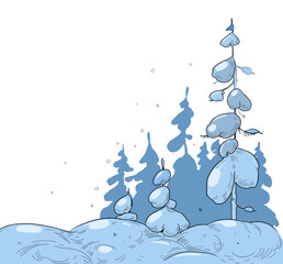 Fototapeta na wymiar Winter landscape. Snow, fir tree, mountains. Line art illustration isolated on white background