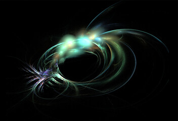 abstract graphic drawing on a black background, space, glowing planet