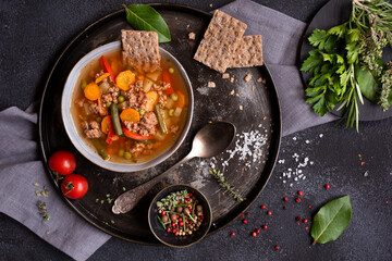 Hot soup with vegetables and meat, comfort food