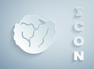 Paper cut Fresh cabbage vegetable icon isolated on grey background. Paper art style. Vector