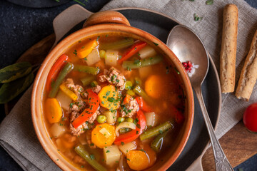Hot soup with vegetables and meat, comfort food