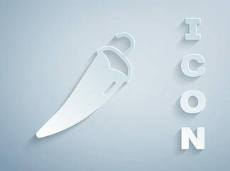 Paper cut Hot chili pepper pod icon isolated on grey background. Design for grocery, culinary products, seasoning and spice package, cooking book. Paper art style. Vector