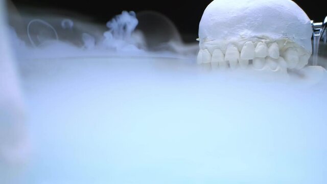 extreme close-up, mock up of human jaw with teeth and dental tools 