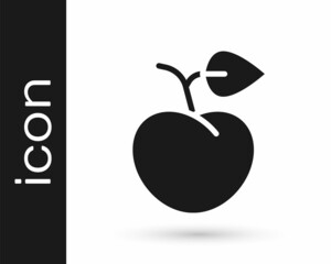 Black Peach fruit or nectarine with leaf icon isolated on white background. Vector