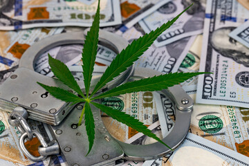 Handcuffs and cannabis leaf or hemp on the background of American hundred dollar bills close-up.
