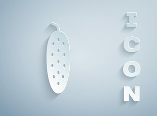 Paper cut Fresh cucumber icon isolated on grey background. Paper art style. Vector