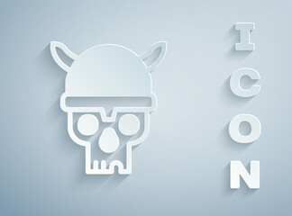 Paper cut Skull with viking helmet icon isolated on grey background. Happy Halloween party. Paper art style. Vector