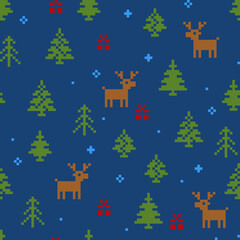 Winter Christmas vector seamless pattern in blue. New Years pixel background with reindeer, tree, snow and gift. For greeting cards, gift wrapping paper, wallpapers.