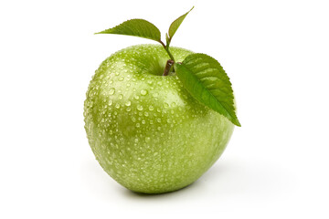 Fresh granny smith apple with water drops, isolated on white background.