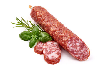 Cured salami with basil, isolated on white background.