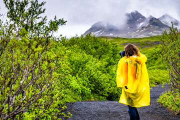 Skaftafell, Iceland green summer lush landscape view of woman tourist in yellow poncho walking...