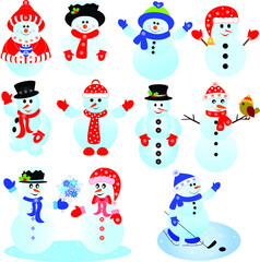 Isolated Snowmen with Hats and Scarfs Illustrations 