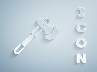 Paper cut Wooden axe icon isolated on grey background. Lumberjack axe. Paper art style. Vector